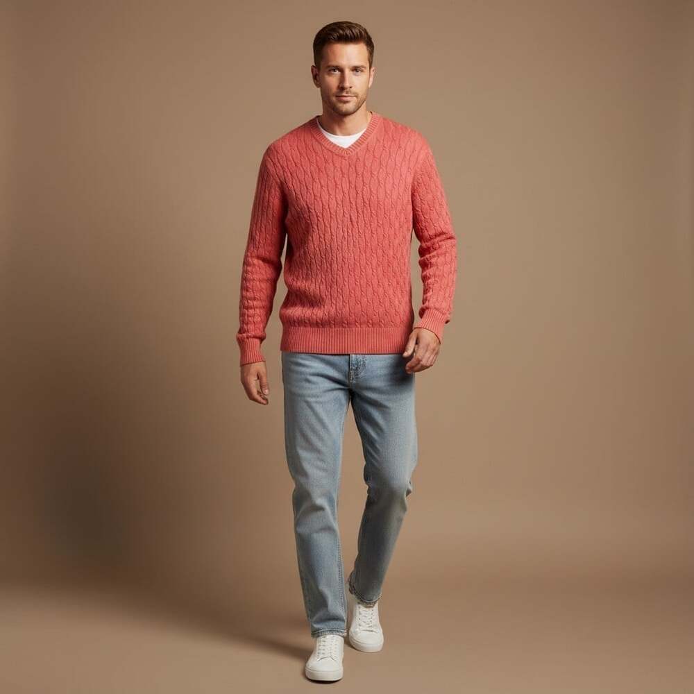 Bobby Jones Collection Cable Knit V-Neck Sweater Men's L Coral Cotton Vintage